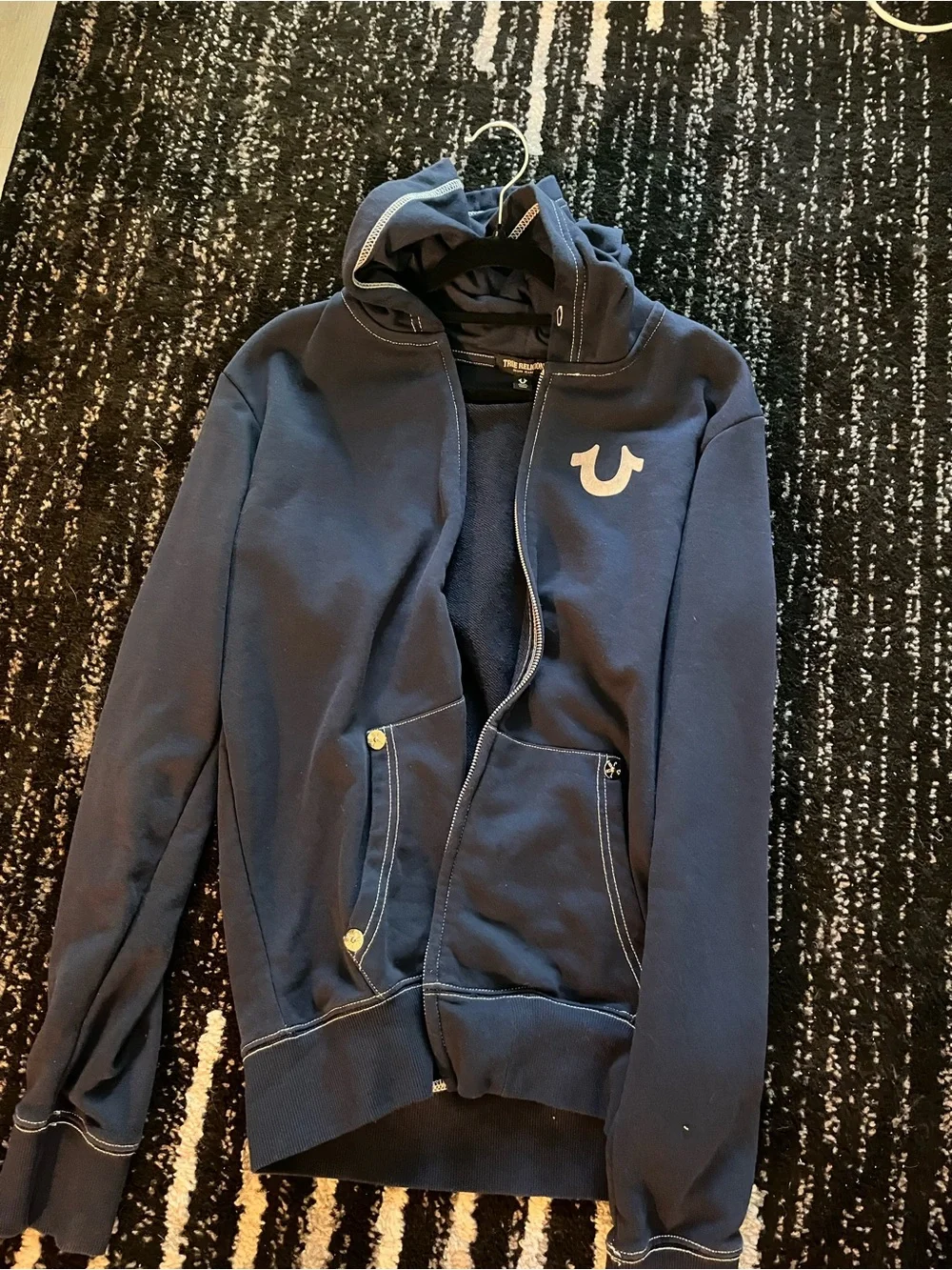 True Religion Navy Blue Zip Hoodie with White Horseshoe